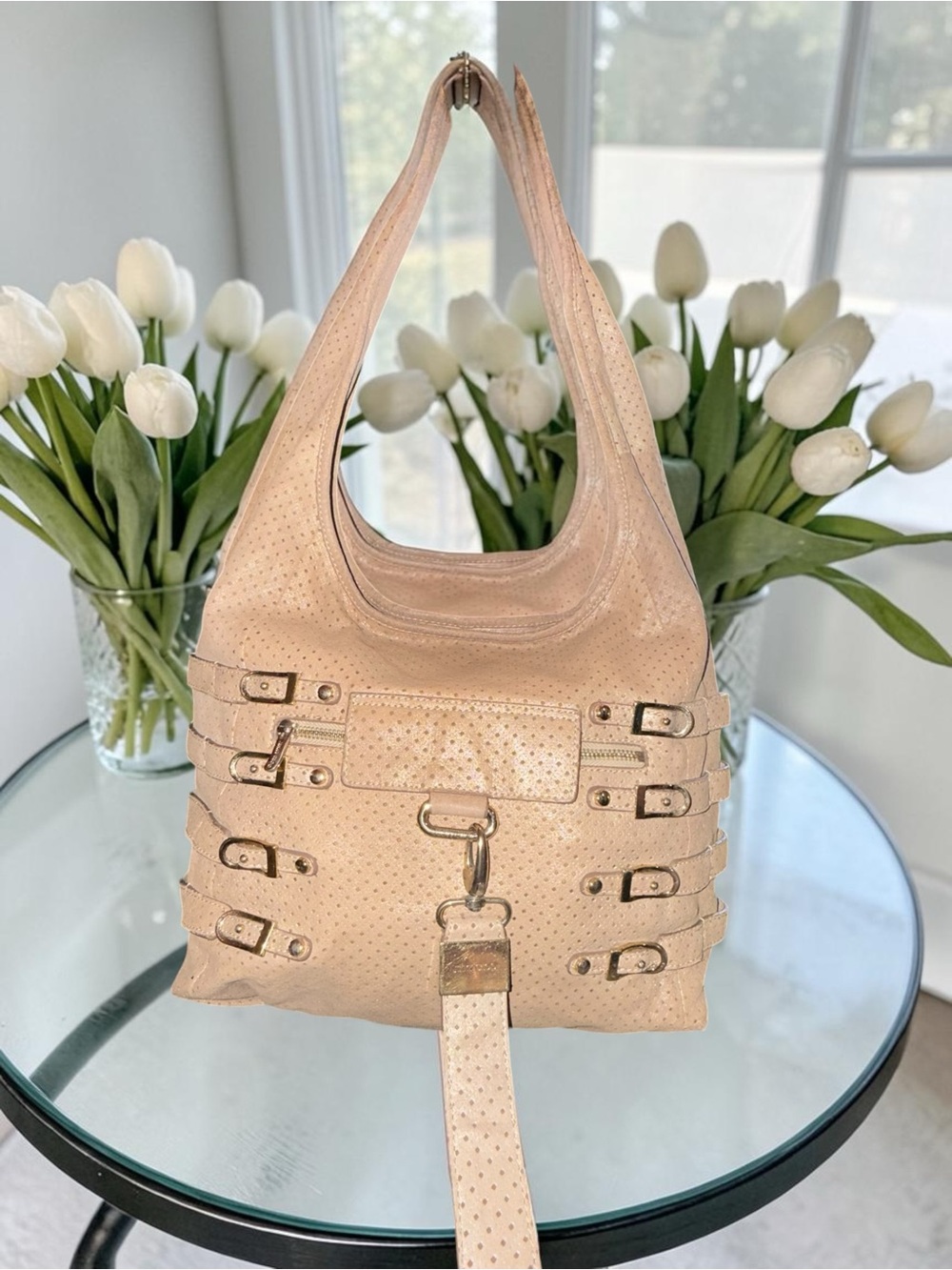 Jimmy Choo Bardia Perforated Shimmer Suede Buckle Strap Hobo Shoulder Bag